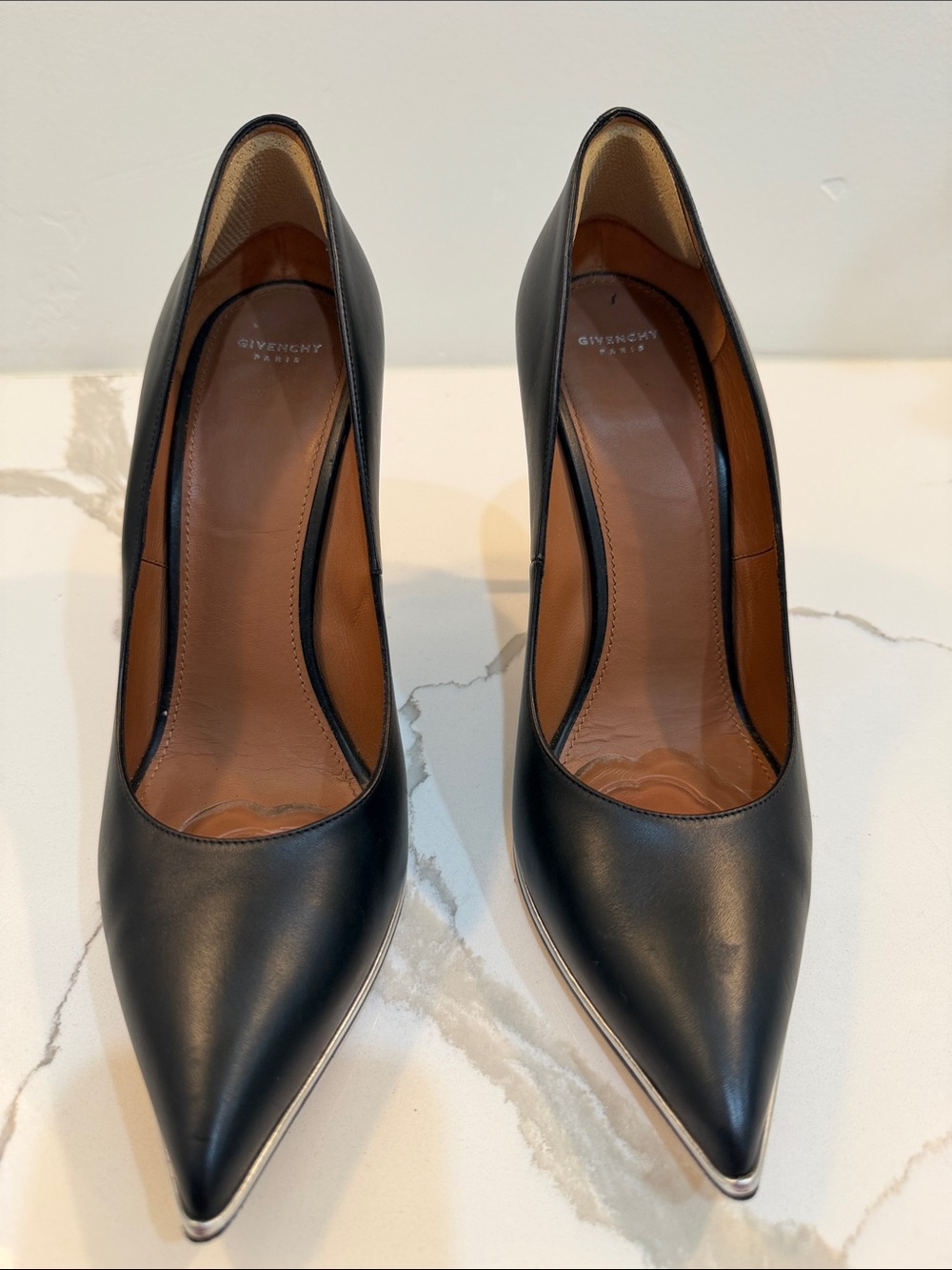 Givenchy Black Pointed-Toe Leather Pumps with Silver Trim